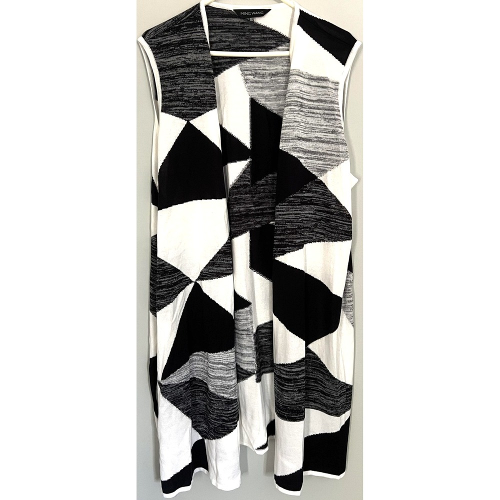 Ming Wang Cardigan Vest Womens 0X/1X Black White Geometric Sleeveless Open Front